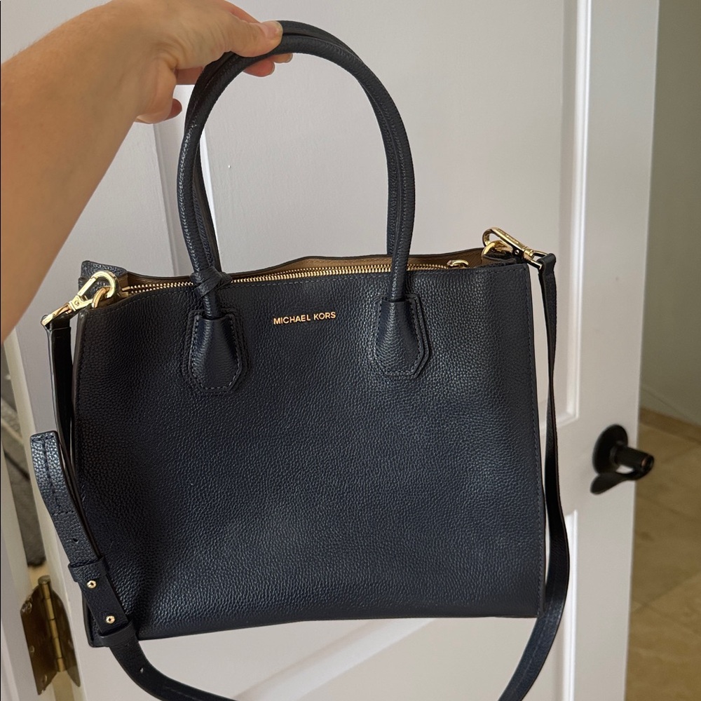 Michael Kors Navy Leather Tote with Gold Accents